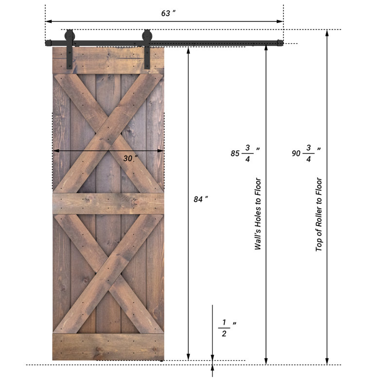 Porte de grange coulissante à panneaux en bois X Series avec trousse de quincaillerie d'installation (DIY) 1 6, 30 po x 84 po