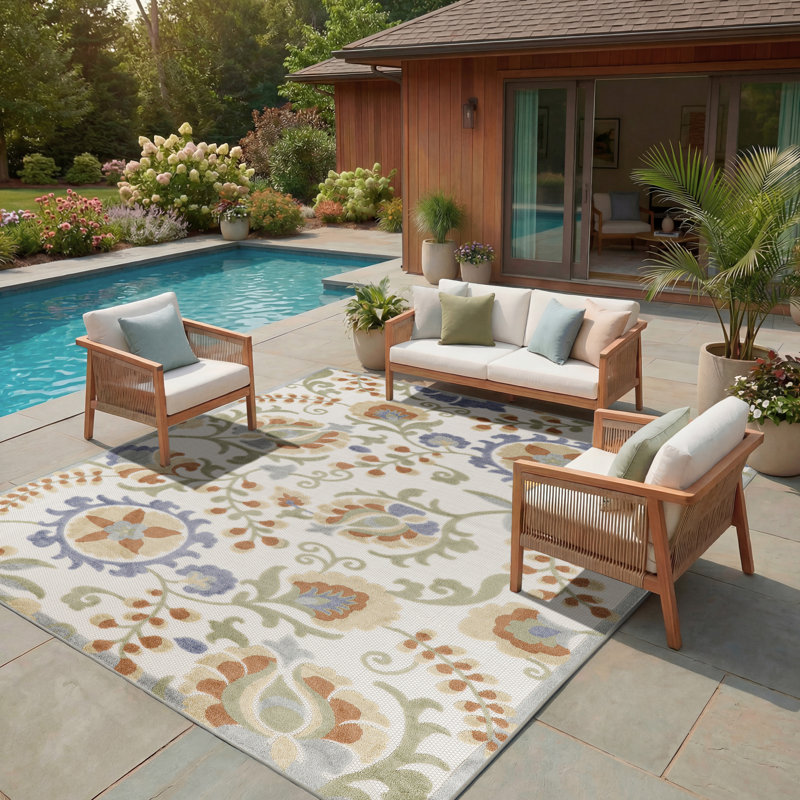Tapis d'intérieur / extérieur à motif floral Exann, Rectangle 9 pi x 12 pi
