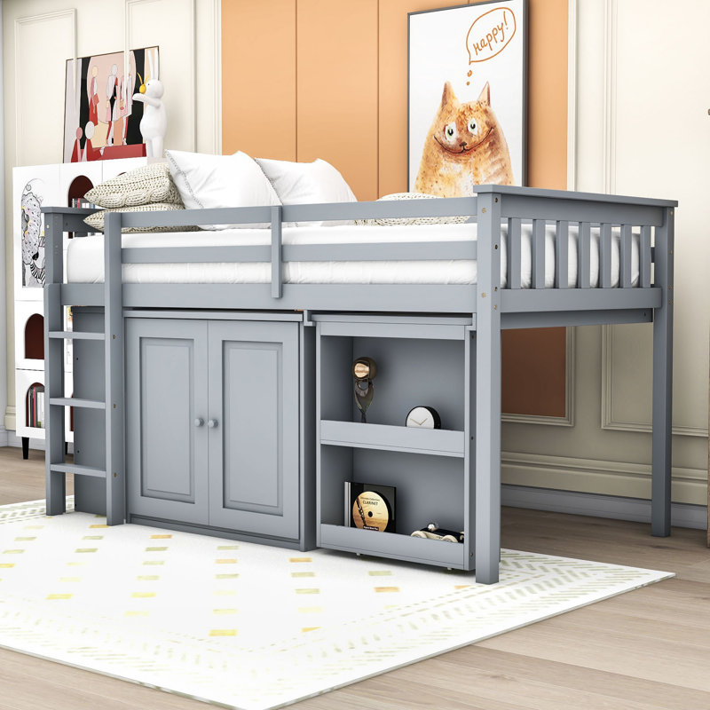Twin Wood Loft Bed With Storage Cabinet, Drawer And Pulling-Out Desk, Grey