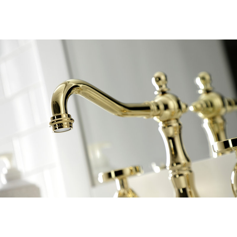 Kingston Brass Belknap Two-Handle 3-Hole Deck Mount Widespread Bathroom Faucet with Brass Pop-Up Drain, Polished Brass