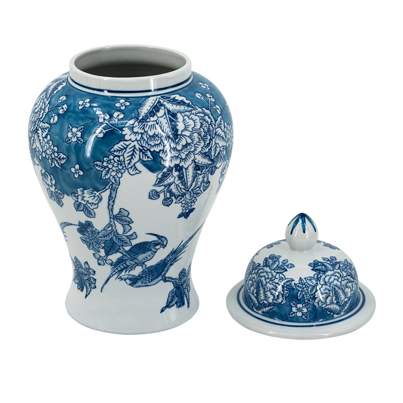 Classic Blue And White Porcelain Ginger Jar With Elegant Flower And Bird Design, 15.2" H x 8.3" W x 8.3" D