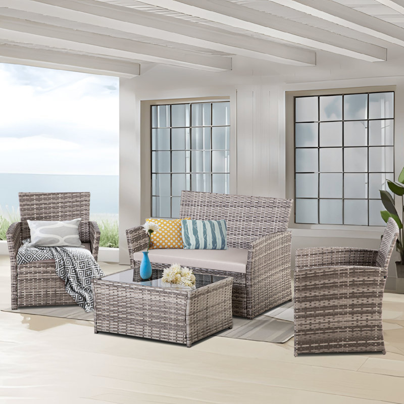 All-Weather 4-Piece PE Wicker Patio Conversation Furniture Set with Cushions, Gray,  Light Gray