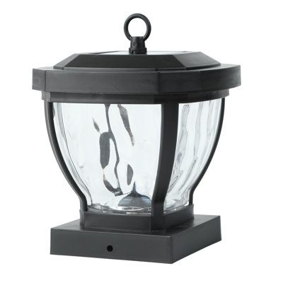 Solar Powered Integrated LED Outdoor Post Cap Light with Ripple Glass Shade & Hanging Ring, 3000K Warm White