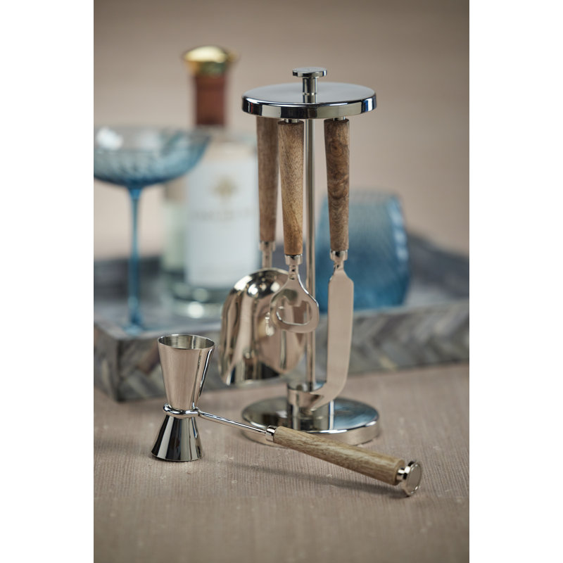 Stainless Steel and Wood Bar Tool Set with Jigger