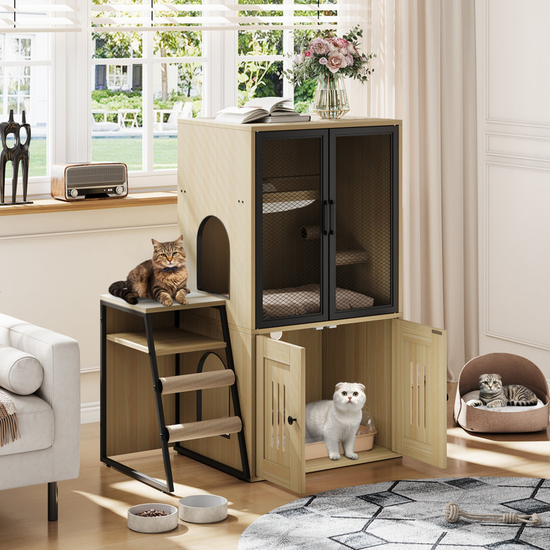 Mobilier de litière pour chat, bac à litière fermé à 2 niveaux avec portes, rangement caché et échelle, bois naturel
