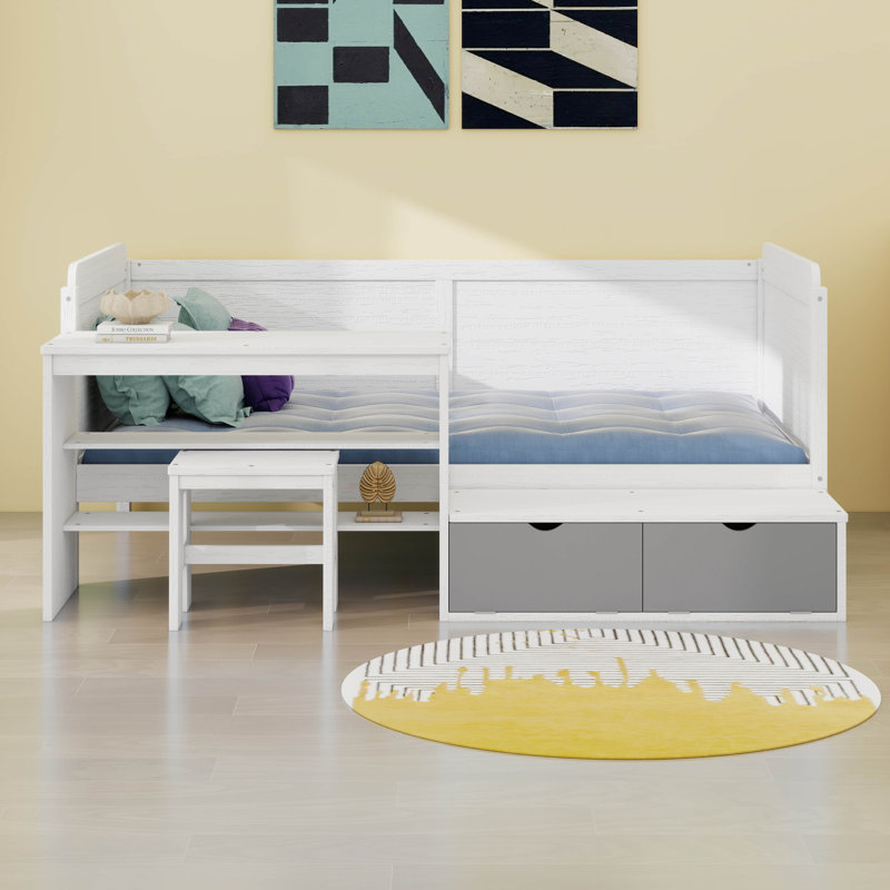 Lit multifonctionnel avec casiers, bureau, tablettes et tabouret assorti, Blanc