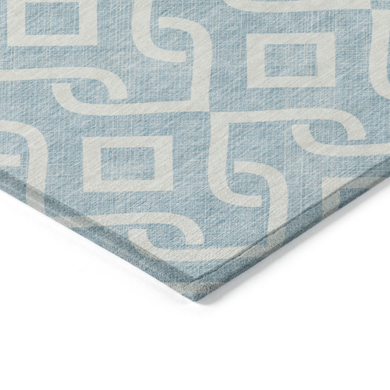 3' X 5' Sky Blue And Ivory Geometric Washable Indoor Outdoor Area Rug
