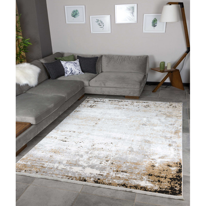Tapis gris en polyester tissé à la machine Mulane, Rectangle 3 pi 11 po x 5 pi 11 po