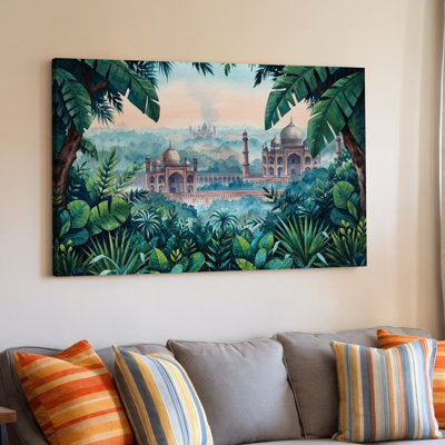 Toile, "Un paysage tropical serein et luxuriant avec un mélange complexe de feuillage vert vif comprenant de grandes feuilles de palmier"