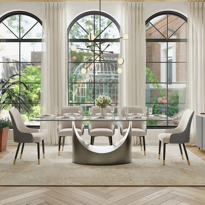 Table de salle à manger moderne en verre avec base en piédestal, Transparent/bronze, H 30,70 po x L 93,7 po x l 39,76 po