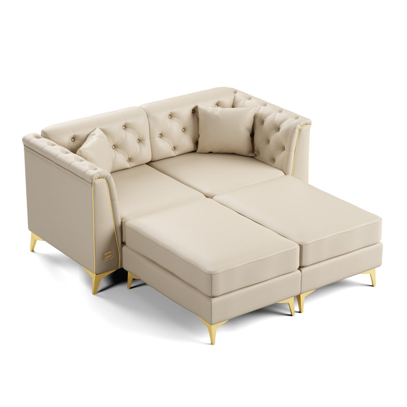 Causeuse 2 places avec 2 coussins et 2 repose-pieds, Beige Faux Leather
