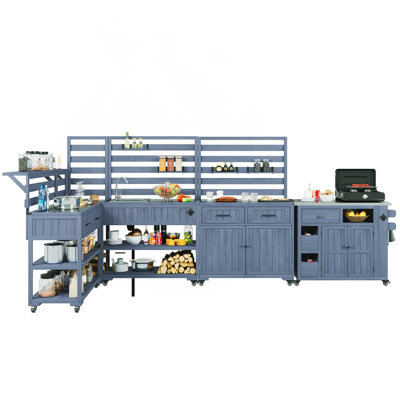 4-Piece Outdoor Rolling Kitchen Island with Sink, Stainless Top & Movable Shelves (Gray)