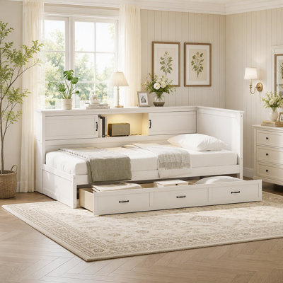 L-Shaped Bed Frame with Drawer and and Bookcase,Corner Bed Wooden Captain Bed with Led Downlight and USB Port for Small Room,Bedroom, Guest Room, Twin Size, White