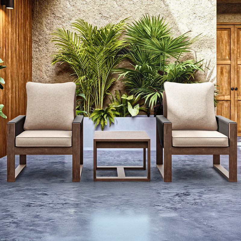 Ensemble de conversation en bois naturel pour 2 personnes avec table d'appoint, 2 fauteuils et coussins beiges, Beige