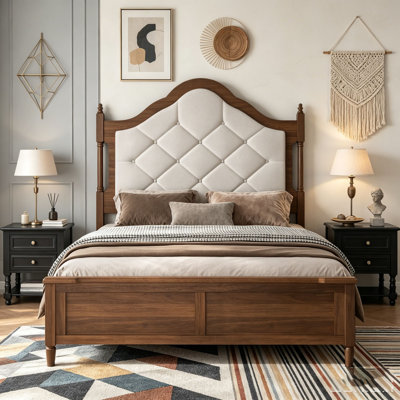 Bed Frame with Upholstered Headboard, Panel Foot Board, Vintage Mid Century Bed Frame
