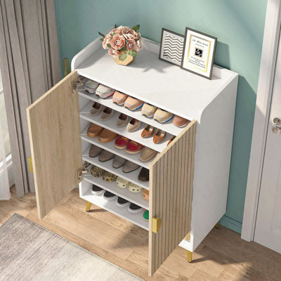 Armoire à chaussures 29,6 po à 7 niveaux pour portes d'entrée - blanc / naturel