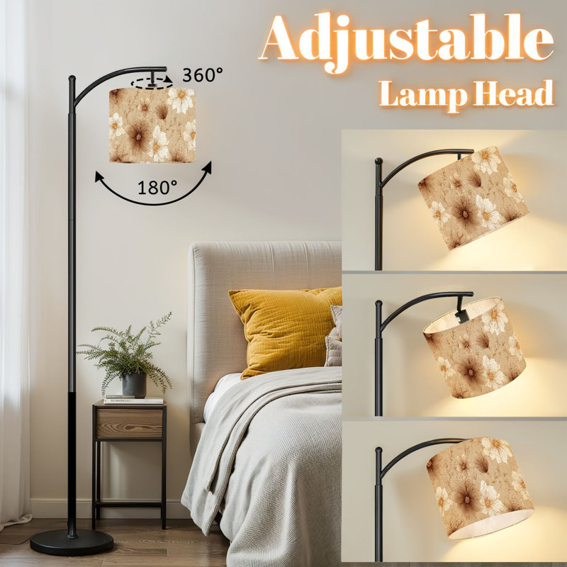 Arc Floor Lamp with Adjustable Lampshade Floral Brown Beige Standing Lamp 3 Color Temperatures Dimmable Tall Pole Lamp with Foot Switch for Bedroom