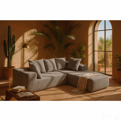 Ensemble de canapé moderne en mousse compressée avec 5 coussins décoratifs - Conception modulaire, revêtement gris-bleu doux, canapé modulaire en L pour le salon