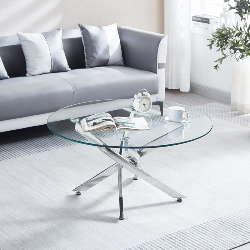 Table basse ronde moderne en verre trempé avec pieds chromés
