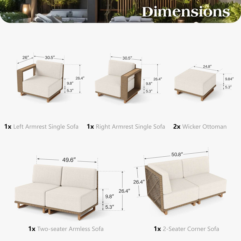267.97cm Wide L-Shaped Wood Patio Sectional Set with Cushions