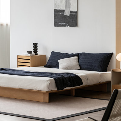 Multi-Layer Solid Wood Platform Bed Frame, 85.63" L x 61.02" W x 29.53" H, Natural Oak Veneer & Beige Linen-Blend Headboard, Space-Saving Low Profile, Easy Assembly