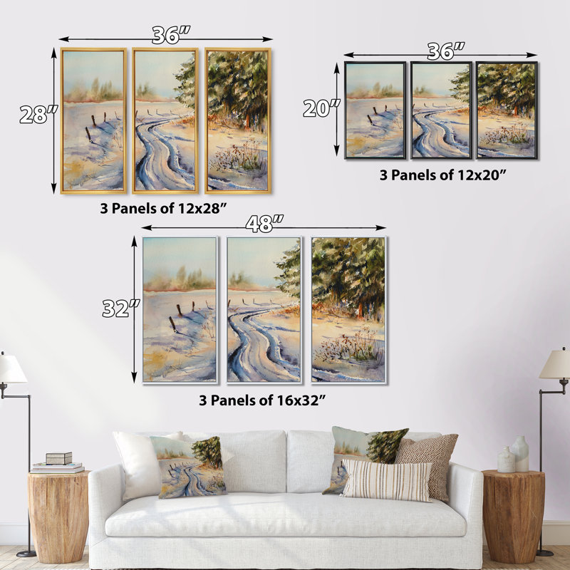 «Snowy Winter Forest Landscape», ensemble d'art mural sur toile encadré champêtre, L 36 po x H 20 po, Brun