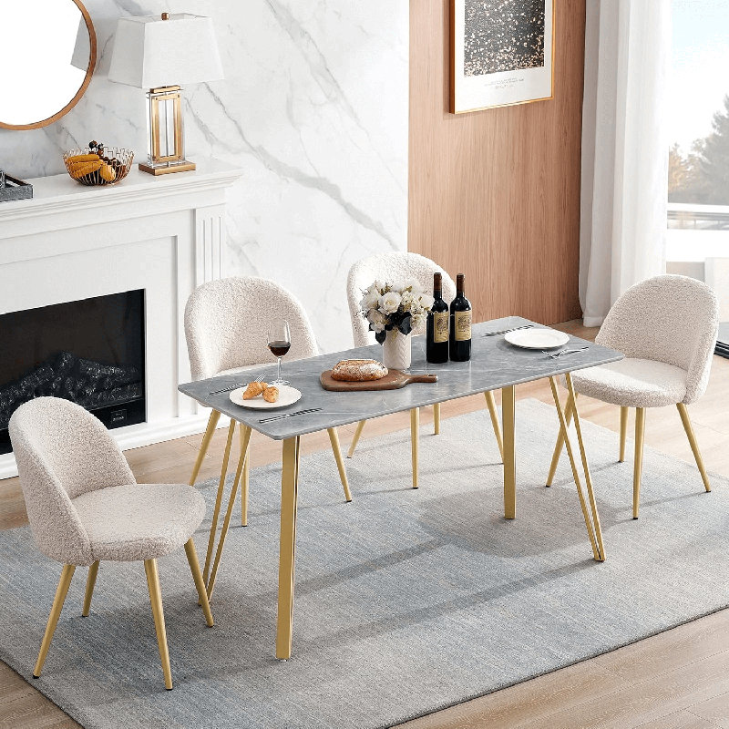Malhar Marble Dining Table, Modern Rectangle 55" Dining Room Table with Gold Hairpin Legs, Grey