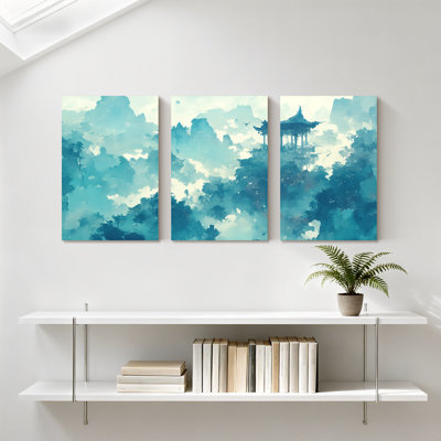 Paysage et nature Misty Mountains Clouds Pavilion Trees Sky Reflection, ensemble de 3 impressions sur toile