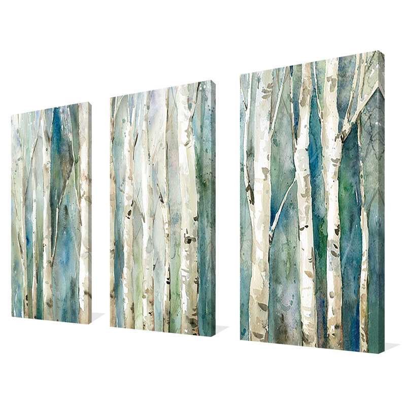 Birch River Walk - 3 Piece Wrapped Canvas Painting Set, 24" H x 36" W x 1" D