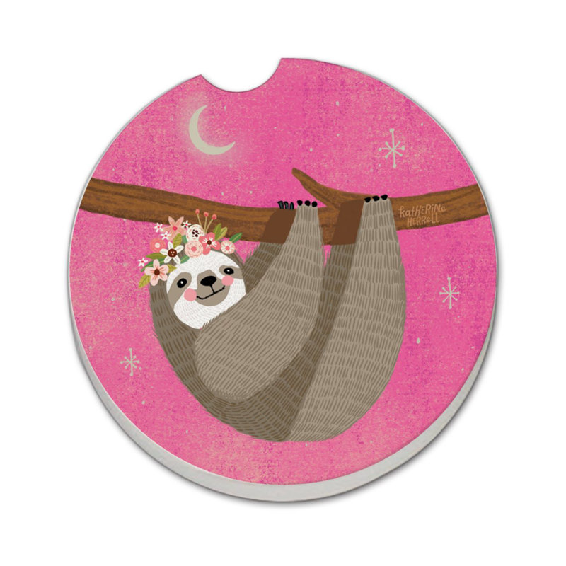 Pink Sloth Single Round Absorbent Stone Car Coaster