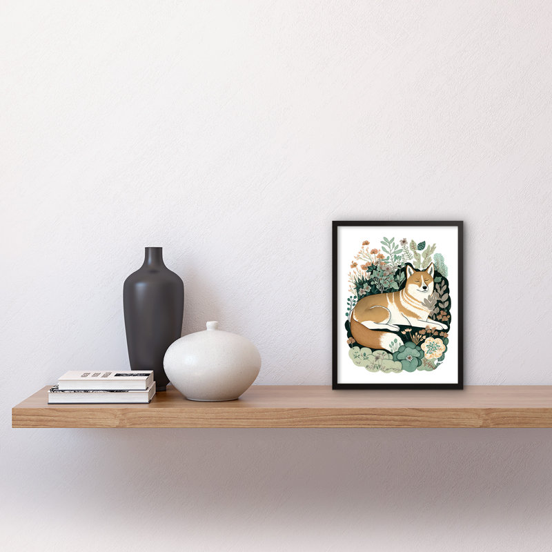 Shiba Inu Dog Lying In Flower Field Modern Stylised - Single Picture Frame Print