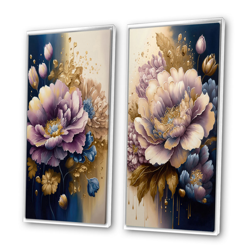 "Fleurs aquarelles mauves et bleues", 2 pièces sur toile, Cadre blanc, H 32 po x l 32 po