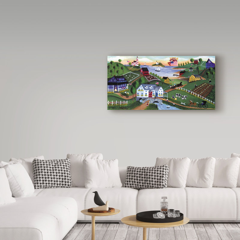 «American Folk Art Seaside With Angel» par Cheryl Bartley, reproduction sur toile, H 16 po x l 32 po x P 2 po