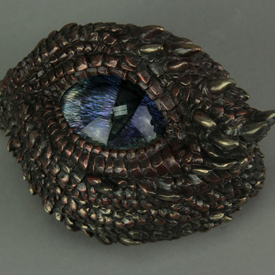 Kestwick antique bronze cold cast resin thorny dragon eye trinket box with glass lid and felted bottom — 3 x 4.75 x 3.5 inches
