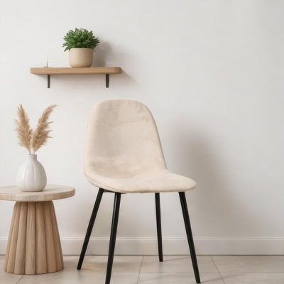Neutral beige velvet side chairs set of 4 for mid-century dining rooms with black metal legs