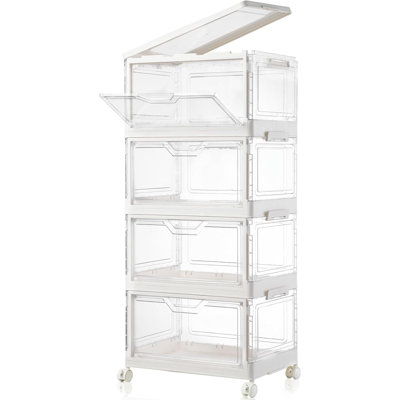 Closet Organizers And Storage,Stackable Storage Bins With Wheels,Clear Stackable Storage Bins With 1 Lids, 4-Tier Plastic Drawer Storage For Home, Office