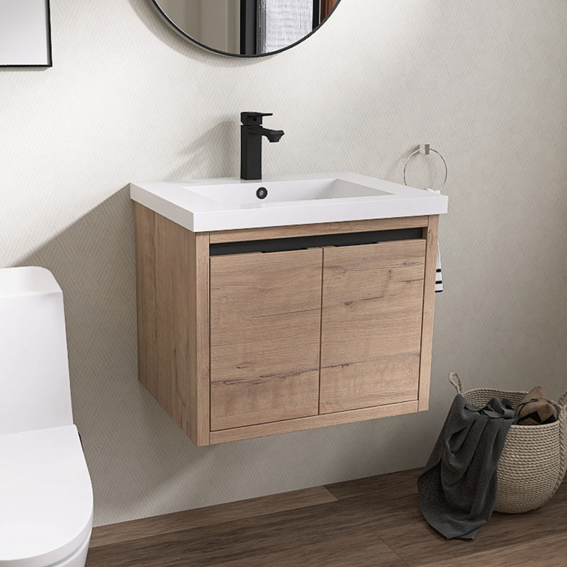Ensemble de meuble-lavabo simple avec plateau en résine Esquina, Chêne