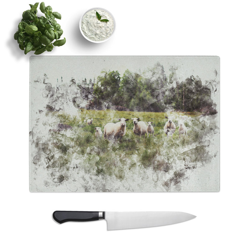 Curious Sheep Watercolour Chopping Board, 0.4cm H x 28.5cm W x 39cm L