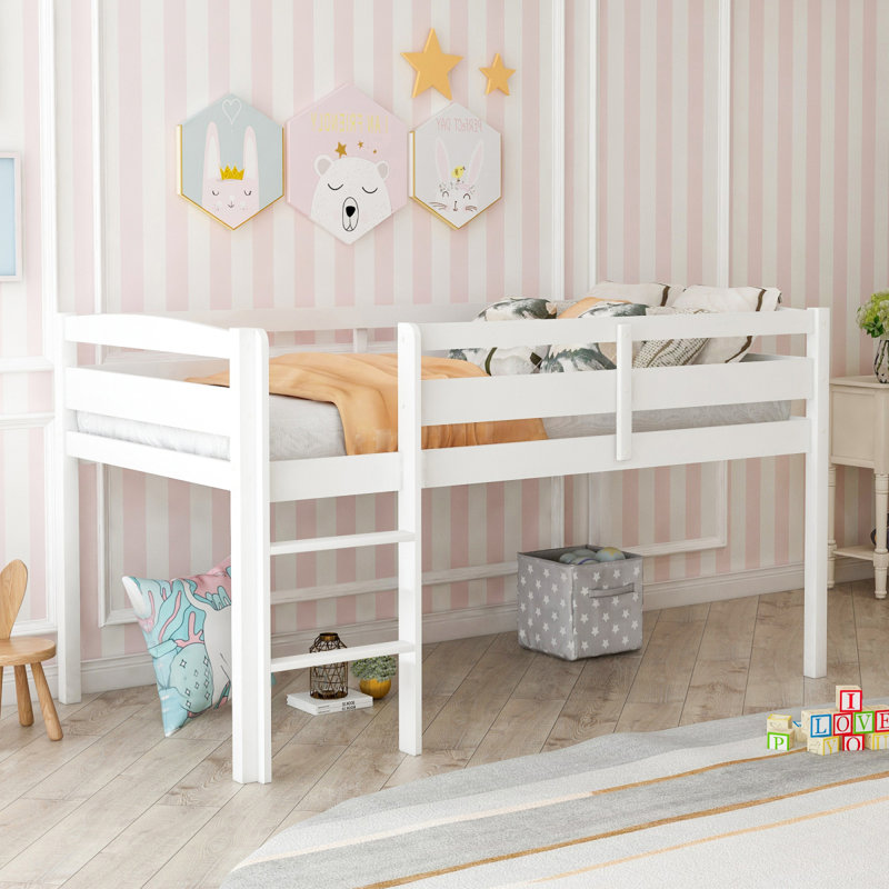Lit simple mezzanine en bois Lit mezzanine bas avec échelle, lit simple, blanc (OLD SKU: WF286816AAK)