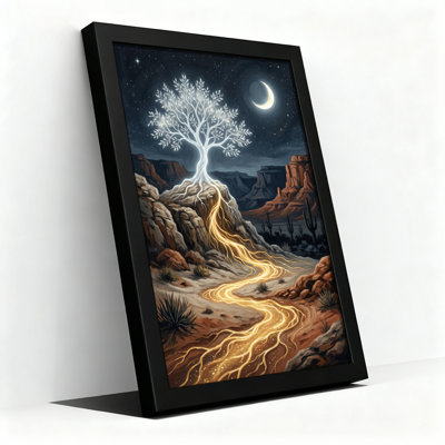 Toile noire encadrée en bois noir pour salon, chambre à coucher, bureau ou vestibule - décoration murale décorative avec arbre au clair de lune