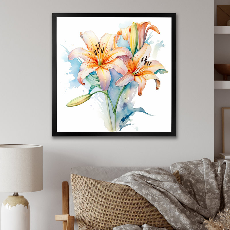 Aquarelle élégante lis pureté II sur toile, H 16 po x l 16 po x P 1 po, Cadre simple noir