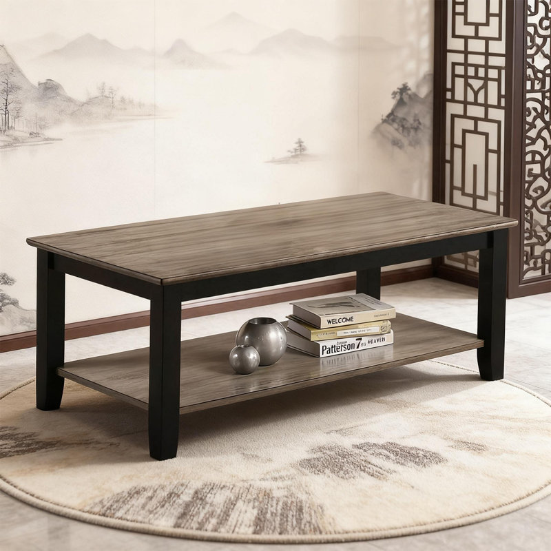 Table basse moderne en placage de noyer avec tablette inférieure, grande console de 47 pouces avec pieds en bois d'hévéa massif