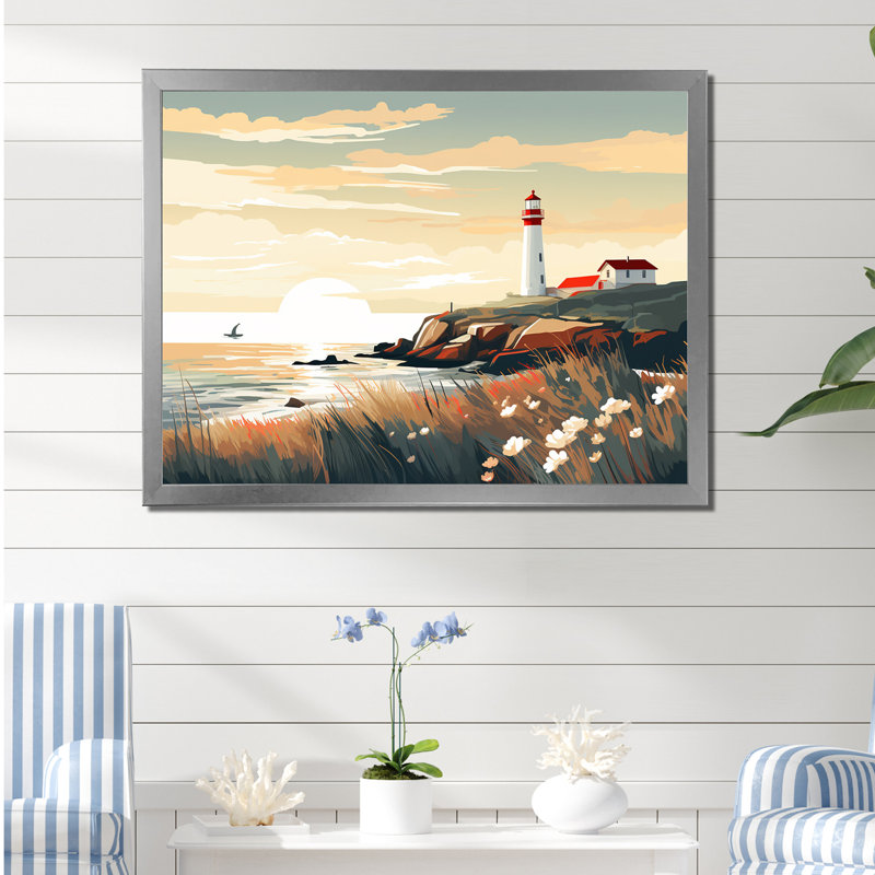 «Coastal Light House Scenery Minimali 7F63801D», reproduction sur toile, Cadre simple argenté, H 30 po x l 40 po x P 1,5 po