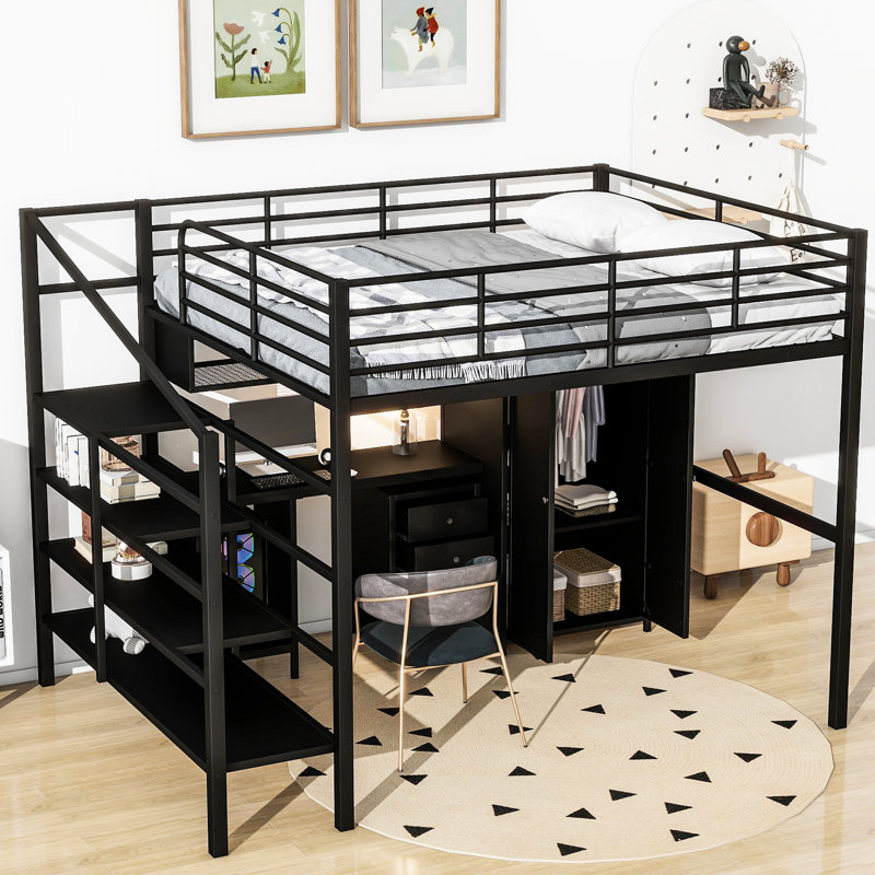 Lit mezzanine en métal avec table et garde-robe, double, conception épurée noire, structure solide, rangement spacieux, assemblage simple de taille double et de construction moderne, structure de la structure, espaces de rangement abondants, processus
