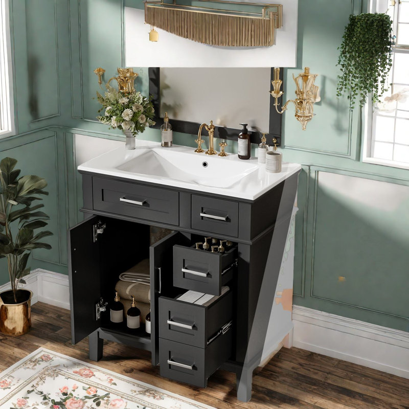 Armoire de meuble-lavabo et lavabo pouces en bois massif avec rangement en MDF pour petite salle de bain