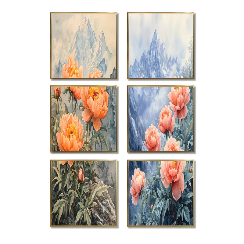 Pivoines et le sommet de la montagne - ensemble de 6 impressions florales sur toile, Impression encadrée sans passe-partout