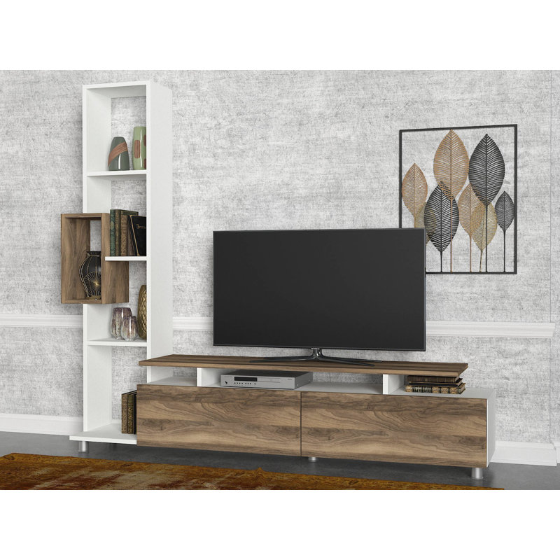 Meuble télé moderne avec bibliothèque, blanc et noyer, 63,0 po x 65,5 po x 11,6 po | 100% panneau de particules enduit de mélamine, épaisseur: 0,7 pouce | Conception murale, nombreuses tablettes, rangement supplémentaire pour un salon élégant