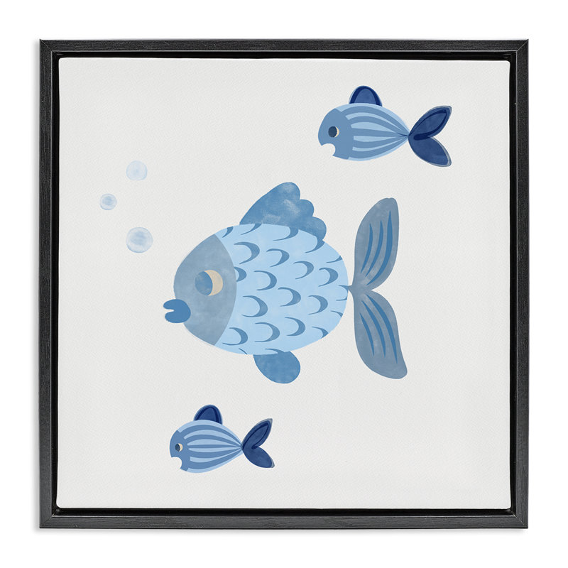 «Minimal Blue Fish» par Carrie Cantwell, Cadre flottant noir de jais, H 18 po x l 18 po