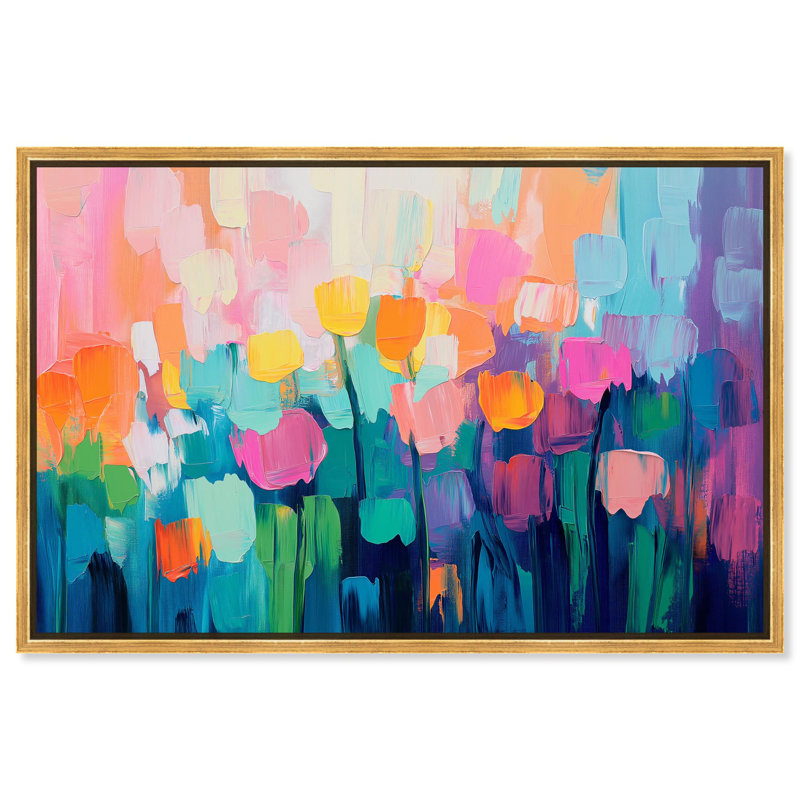 Art, art floral, fleurs abstraites, II, H 11 po x l 16 po, Cadre flottant doré