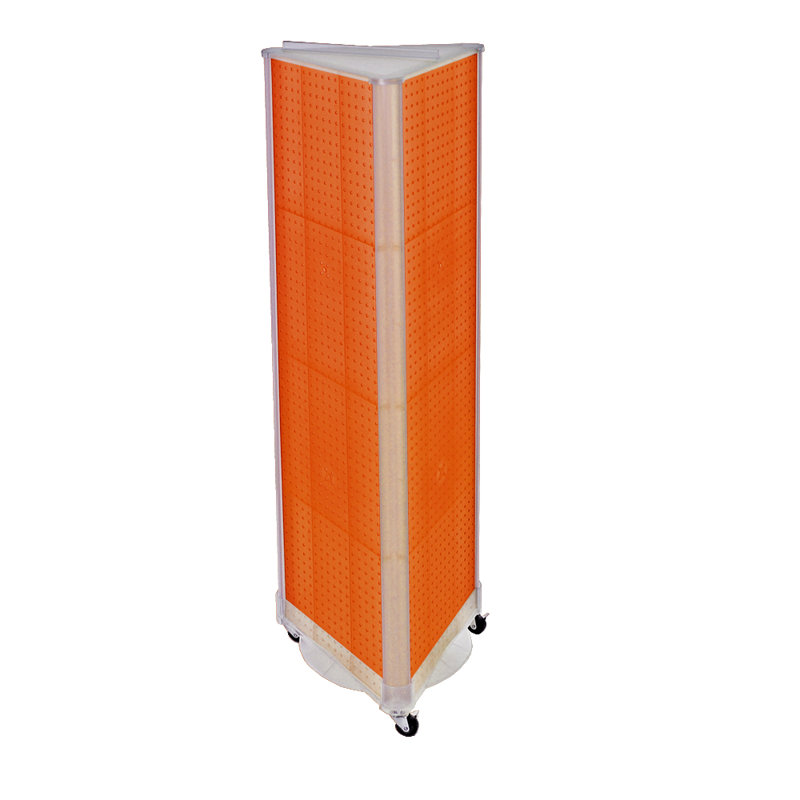 Orange Three-Sided Pegboard Display Tower with Wheels